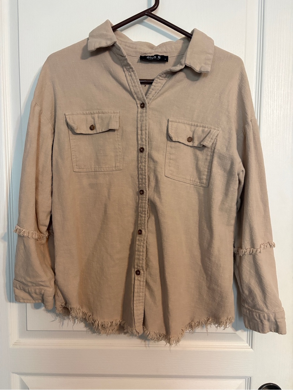 Relaxed Beige Button-Down Shirt with Frayed Hem
